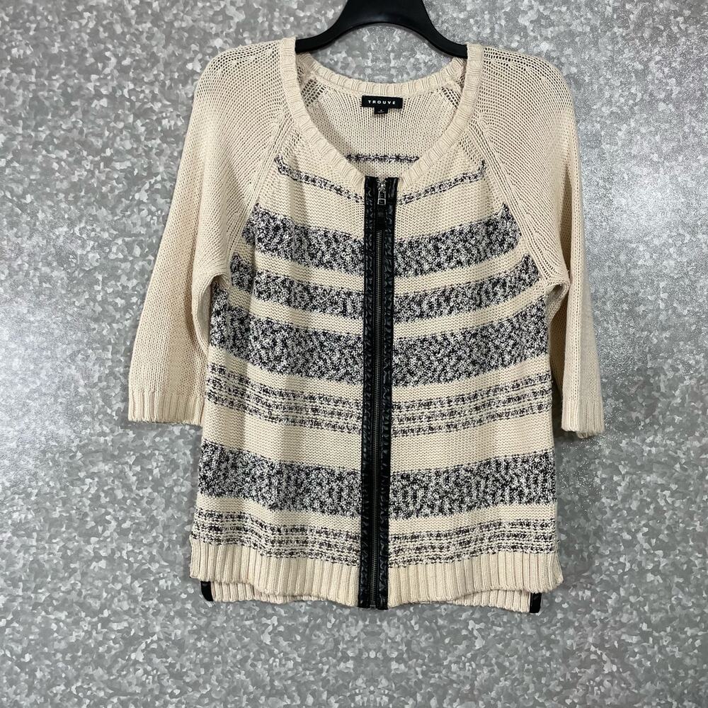 Trouve Ivory Striped Faux Leather Trim Zip Up Cardigan - Size Small - Sweater